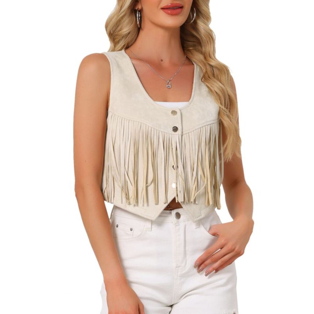 Women's Sleeveless Western Outfit Cowgirl Faux Suede Fringe Vest Beige